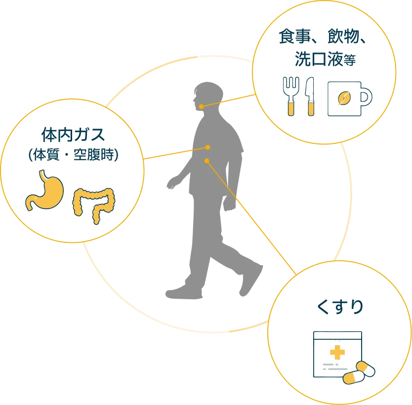 体質などにより有反応となる例：食事・飲物・洗口液等、体内ガス（体質・空腹時）、くすり